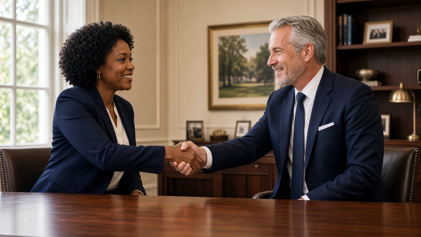 Business owner and pension consultant shaking hands