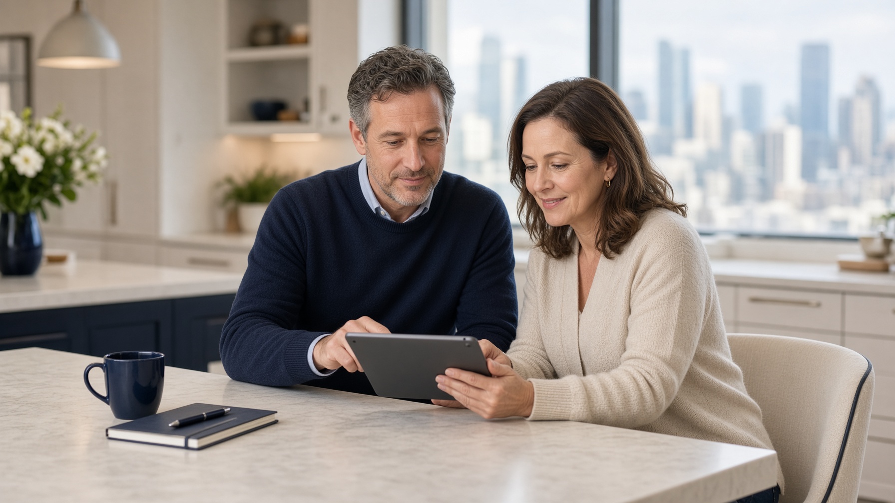 A consultant and spouse reviewing a plan at home
