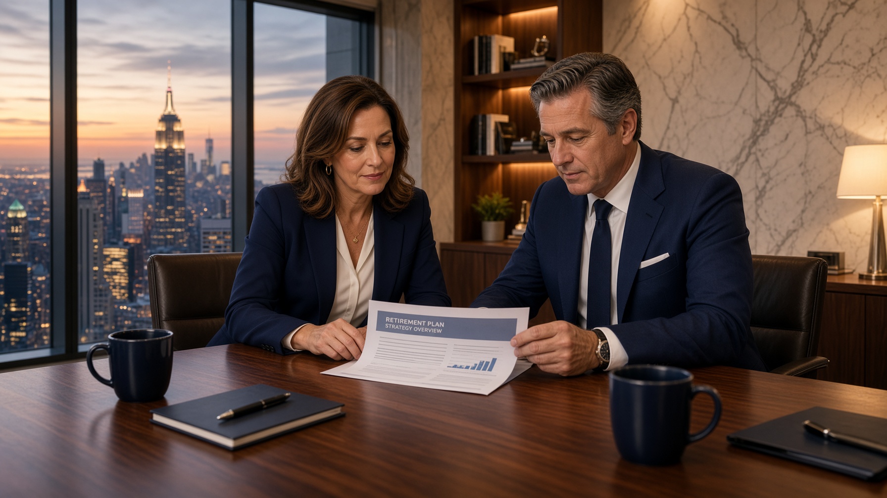 Business owners reviewing a retirement plan in a private office